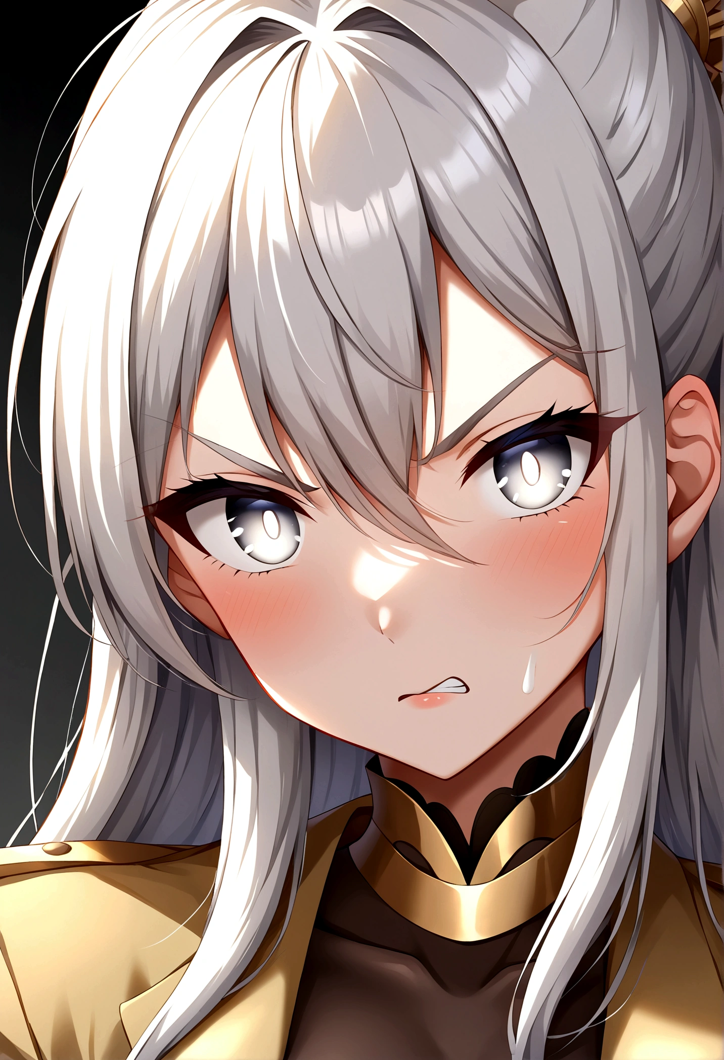 20 year old anime style woman in a white and gold coat with cream white hair, angry white eyes