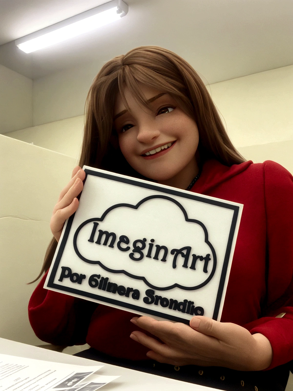 woman holding a sign that says Telling Stories, long straight hair, light brown