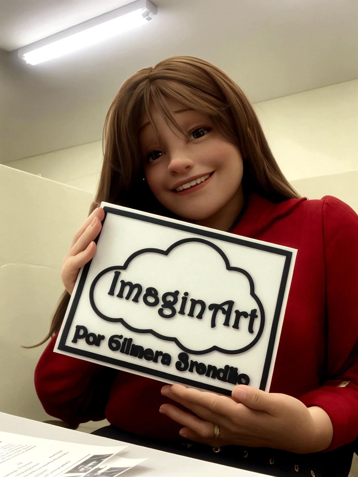 woman holding a sign that says Telling Stories, long straight hair, light brown