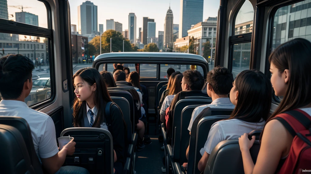 A realistic, high-quality, detailed image of a school bus filled with students. The bus is driving through a cityscape during the early morning. The scene captures the students inside the bus, some chatting, some looking out the window at the passing buildings and streets. The atmosphere is lively and filled with anticipation for the day ahead.
