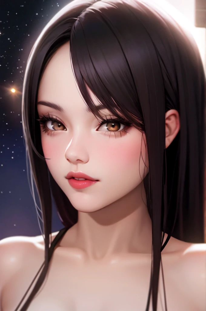 1girl, beautiful face, ((white eyes)), sexy pose, Red moon in the background, stars, space, (lightroom:1.13), soft light, (natural skin texture:1.2), (hyperrealism:1.2), sharp focus, focused,[[realistic]] cabelo preto