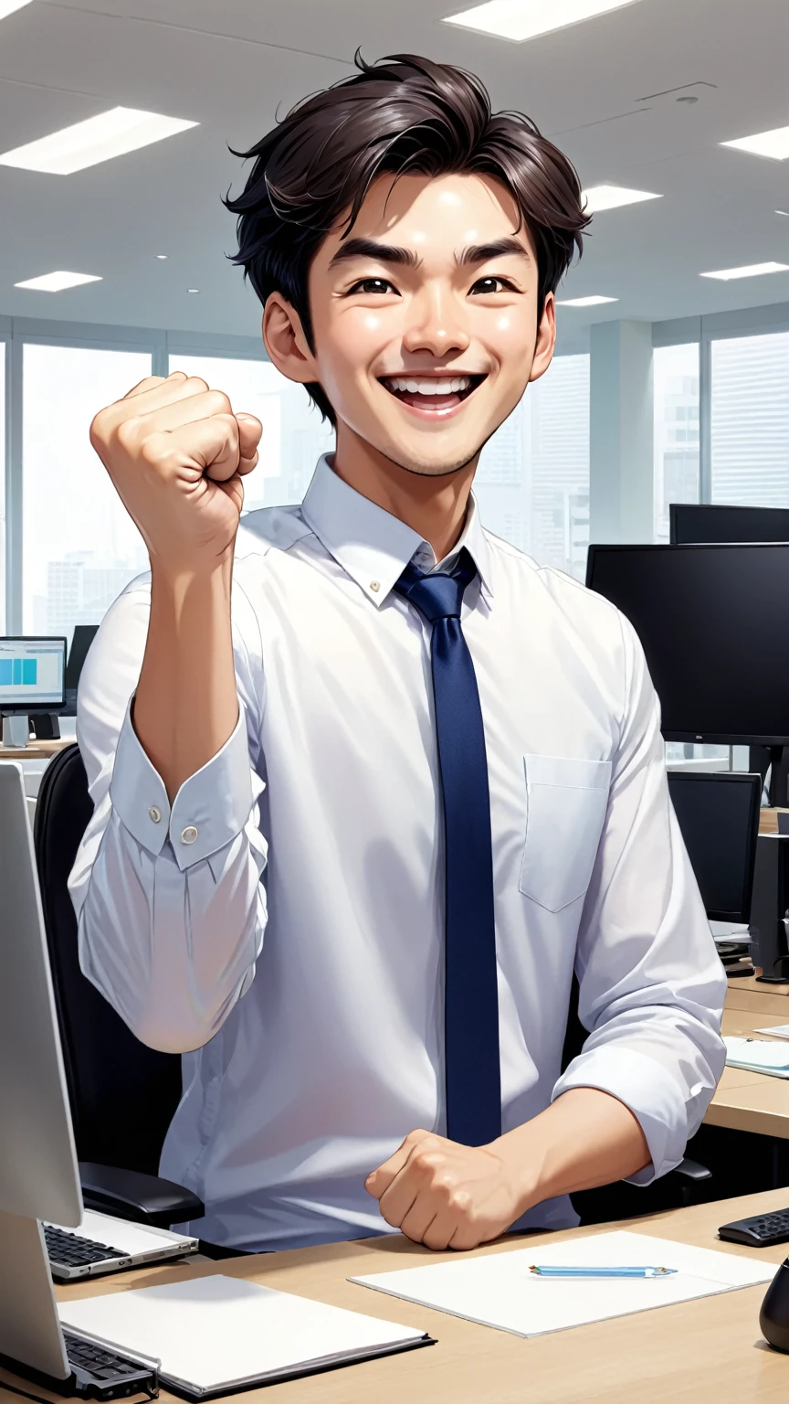 A male employee who is happy that his work was successful and makes a small fist pump、Highest quality、An illustration、Digital Art、