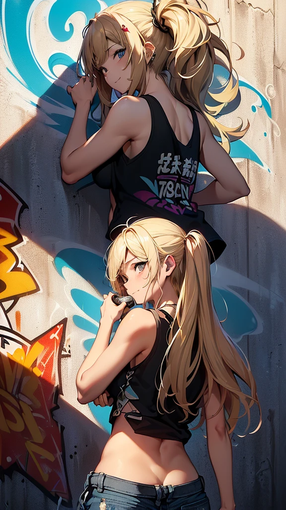 最high quality、best image quality、masterpiece、age girl((18-year-old、 By becoming、vest bust、medium bust,wide open breast tea、black eye, blonde hair、habitual hair、long hair、thin,highest valley、belly button black tank top、blue shorts、Holding a spray can、smug face、leaning forward、paint跡、Black Aloha Shirt、back view、Tons of accessories、wallに寄りかかる、sexy pose)),high quality、beautiful art、background((bright town、wall、graffiti、paint、Hawaii、Waikiki))debris flies、Depth of written boundary、movie、visual art、perfect art、8K,genuine