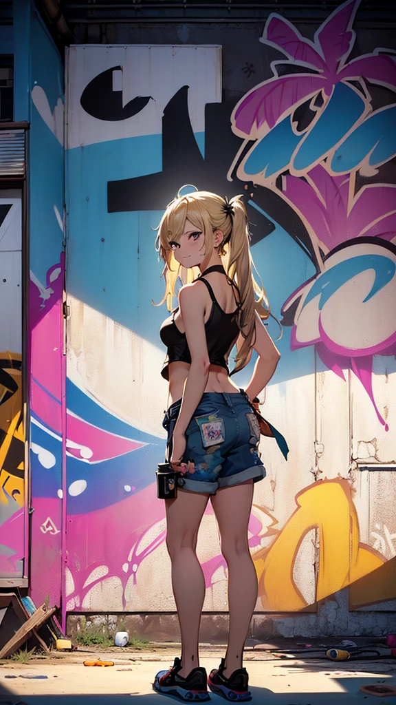 最high quality、best image quality、masterpiece、age girl((18-year-old、 By becoming、vest bust、medium bust,wide open breast tea、black eye, blonde hair、habitual hair、long hair、thin,highest valley、belly button black tank top、blue shorts、Holding a spray can、smug face、leaning forward、paint跡、Black Aloha Shirt、back view、Tons of accessories、wallに寄りかかる、sexy pose)),high quality、beautiful art、background((bright town、wall、graffiti、paint、Hawaii、Waikiki))debris flies、Depth of written boundary、movie、visual art、perfect art、8K,genuine