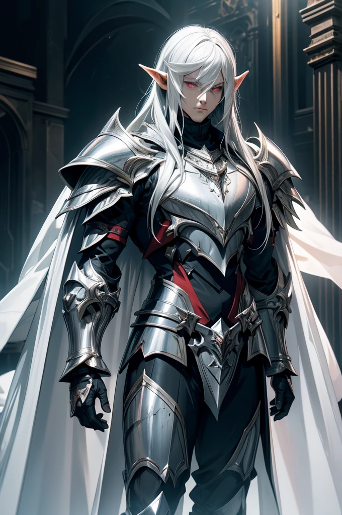 male half elf knight, full body art, silver hair, white skin, Red iris eye, knight full plate adorned dark armor, blacked cape, perfectly detailed.