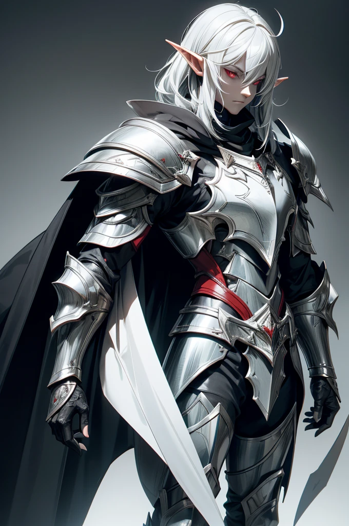 male half elf knight, full body art, silver hair, white skin, Red iris eye, knight full plate adorned dark armor, blacked cape, perfectly detailed.