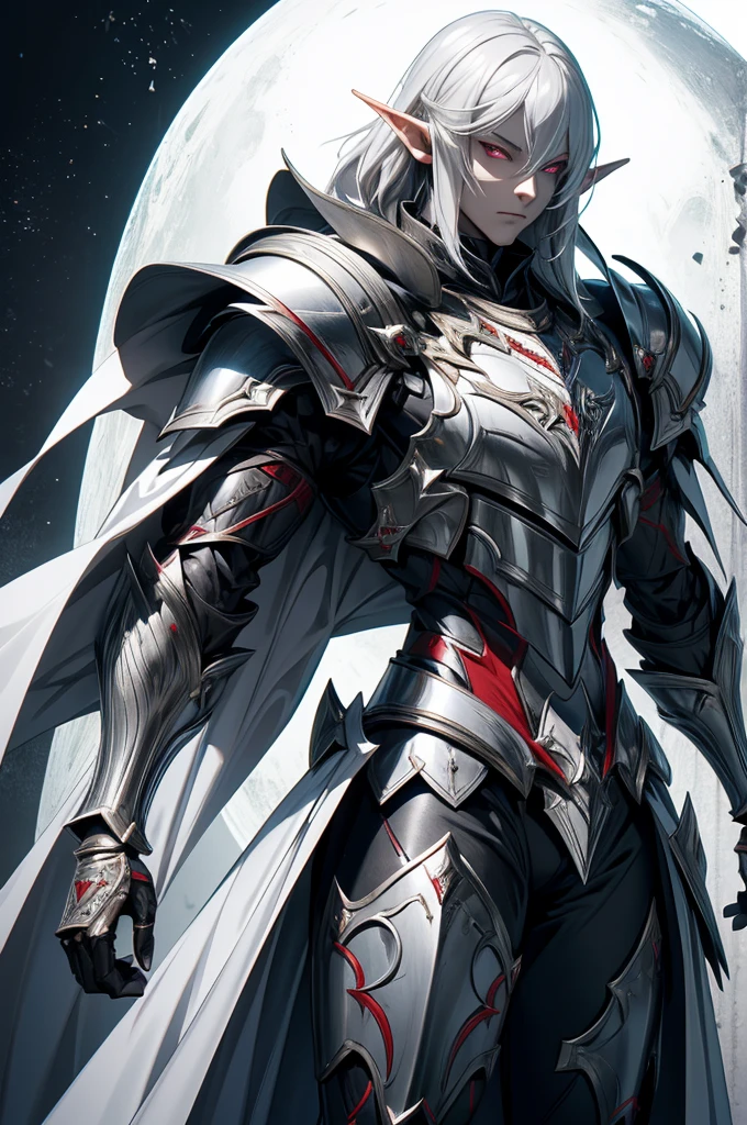 male half elf knight, full body art, silver hair, white skin, Red iris eye, knight full plate adorned dark armor, blacked cape, perfectly detailed.