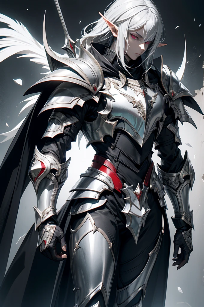 male half elf knight, full body art, silver hair, white skin, Red iris eye, knight full plate adorned dark armor, blacked cape, perfectly detailed.