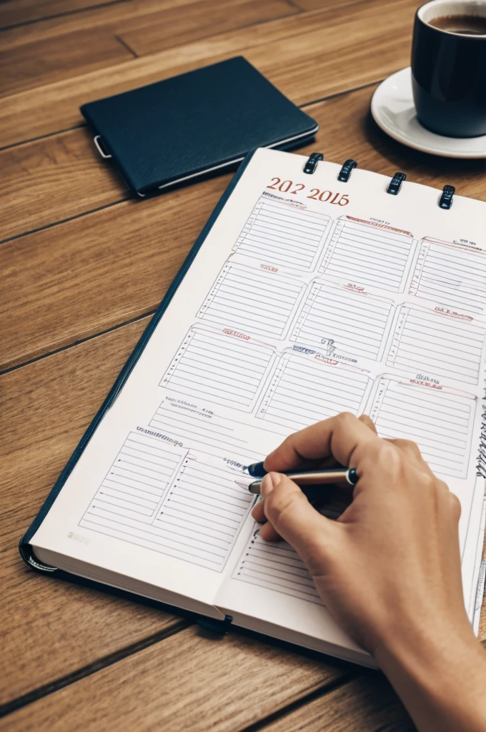 Image of A student writing in a notebook with an open calendar in front of him marking dates
