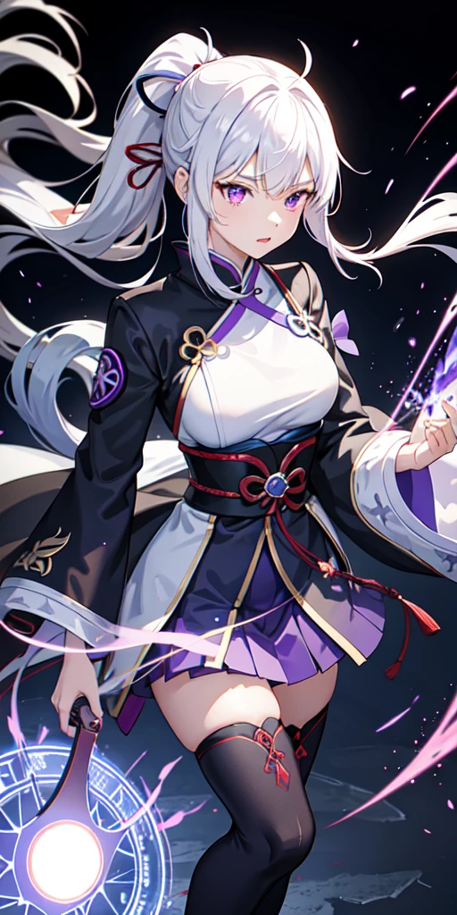 1girl, japanese clothes, ponytail ,white hair, purple eyes, magic circle, blue fire, blue flames, wallpaper, landscape, blood, blood splatter, depth of field, night, light particles, light rays, sidelighting, thighs, fate \(series\), genshin impact, ****, open jacket, skirt, thighhighs, cloud