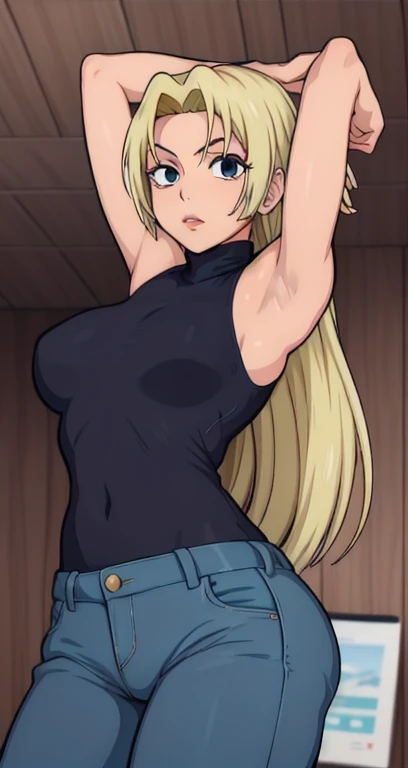 YukiTsukumo, 1girl, AS-Adult, blonde, long hair, female focus, solo, sleeveless turtleneck, facing viewer, arms up, armpits visible, detailed armpits