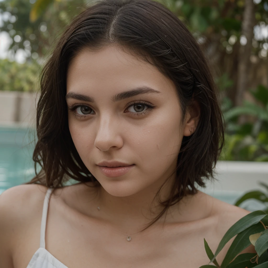 (A photograph of a young Latina woman with dark hair and a fair complexion, gazing directly into the camera), she has (well-defined eyebrows, long lashes, and full lips), Her hair is wet, suggesting she has just come out of water, with strands framing her face, the background features lush green foliage and a clear blue sky, indicating an outdoor setting, possibly near a pool or beach, The lighting is natural and bright, casting soft shadows on her face, (the overall mood is serene and confident), Close-up shot, shallow depth of field, natural light, tropical setting.
