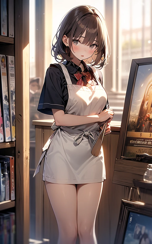 nsfw
(No sideburns),
(brown bob short bangs hair), (bob medium length hair),
(put your hair up:0.2),(Gorgeous, voluminous cabaret club girl hairstyle),
(brown Princess bangs), (brown hair), (bob medium length hair), (middle_length waved hair), (vertical roll medium length hair), (bangs hair),
Masterpiece, high quality, extremely detailed, cute with glowing white skin, eyelashes and cute blonde eyes, アニメ, gorgeous background-centered composition,
(Best quality, 32k, photos of cute Japanese women),
(Realistic skin texture),
(Raw photo: 0.8),
(The background is inside the store Adult Shop book store DVD Shop Poster of a nude model on the wall),
(A pale light shines through),
cool-lighting,
1girl,
detailed face and breast,
,
tall,
(Schoolgirl short sleeve apron uniform mini skirt),
(I took off my pants.),
(shy:1.0),
(looking away:1.2),
(Open your eyes slightly:1.0),
(Droopy eyes:1.1),
(closed mouth:1.0),
(Ultra Dynamic Angle:1.2),