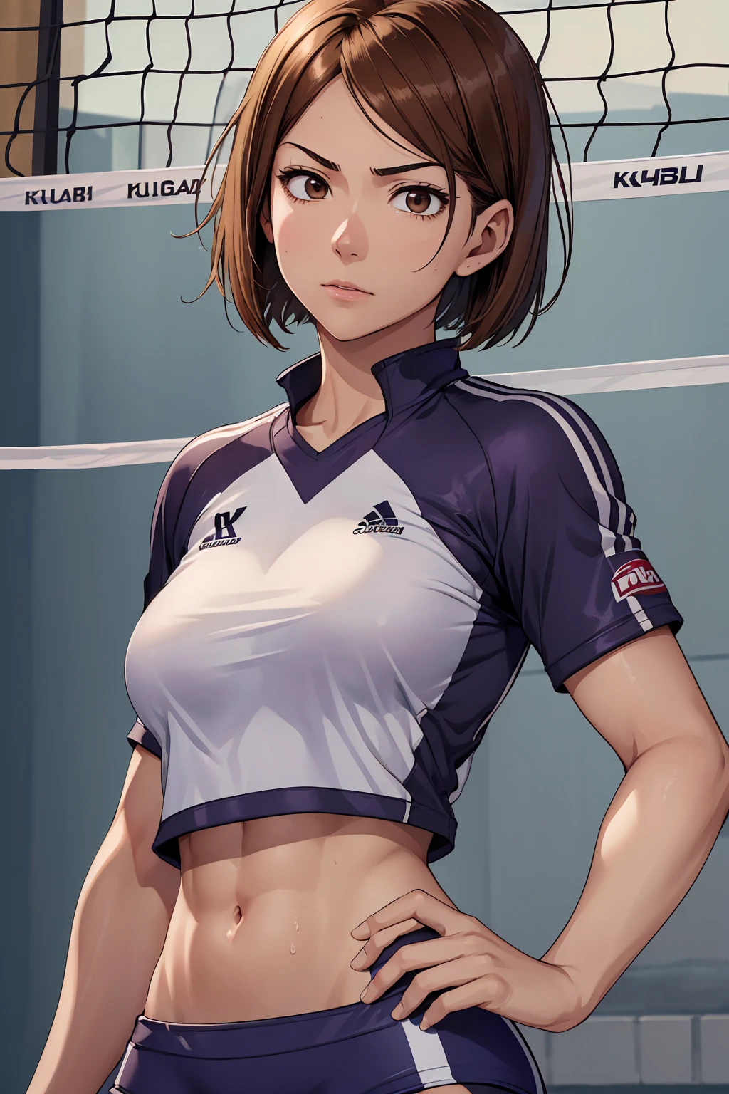 (Highest quality:1.5, High resolution, uhd, 4K, Detailed lighting, Shaders), ((Kugisaki Nobara)) ,solo short hair Brown Hair Brown eyes Cool face ((Volleyball Uniforms))++ Realistic gym Sweat Super oily skin Beautiful Abs Preparing for exercise No ball No sleeve whole body