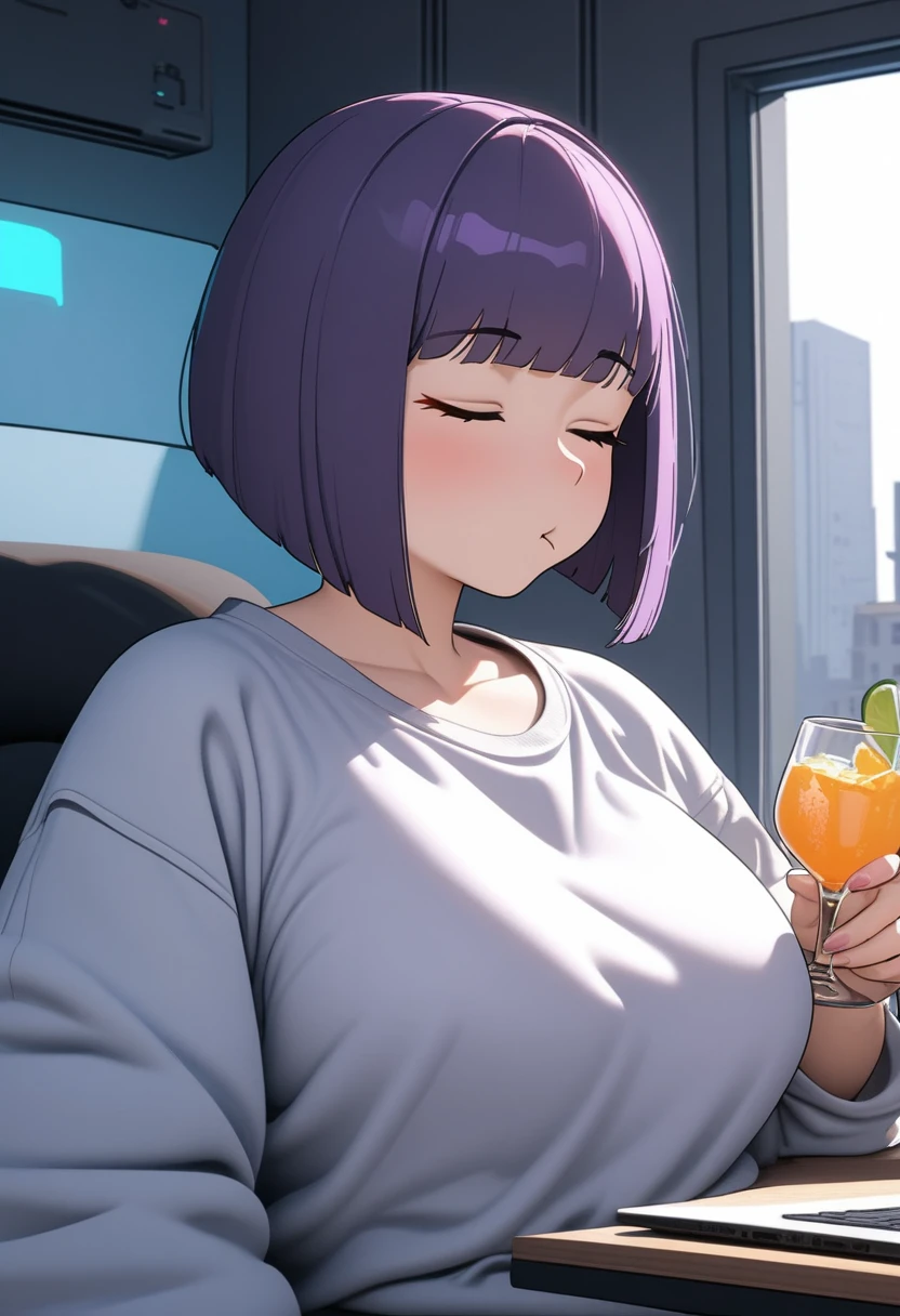 Adult Female, Black purple hair, slanted bob haircut, phlegmatic, stoic expression, cyberpunk apartment, drinking a small glass of drink, baggy clothes, slobbish, not looking, eyes closed, highly detailed, high quality, perfect quality, 8k