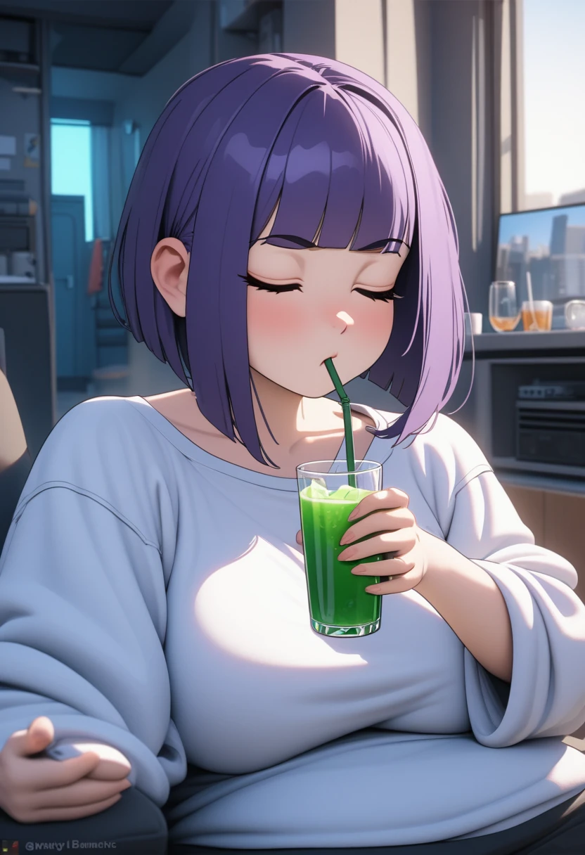 Adult Female, Black purple hair, slanted bob haircut, phlegmatic, stoic expression, cyberpunk apartment, drinking a small glass of drink, baggy clothes, slobbish, not looking, eyes closed, highly detailed, high quality, perfect quality, 8k