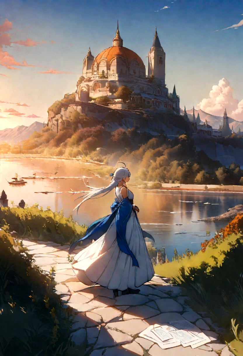 offcial art, unity 8k wallpaper, ultra detaild, beautiful and aesthetic, work of art, best qualityer, (fire, water, cinta, paper cutting), (Fractal Art:1.3) 1 girl,building, (standing alone:1.5), Chinese_badass clothing, sky, plein-air, long_sleeveless, blackw_body hair, SUNSET, (falling_Sheets:1.2), antenna, (paper_lantenna:1.5),blue sky, (plein-air:1.5),Hanfu, (sweet rainbow:0.8), (magic swirl style:0.8),