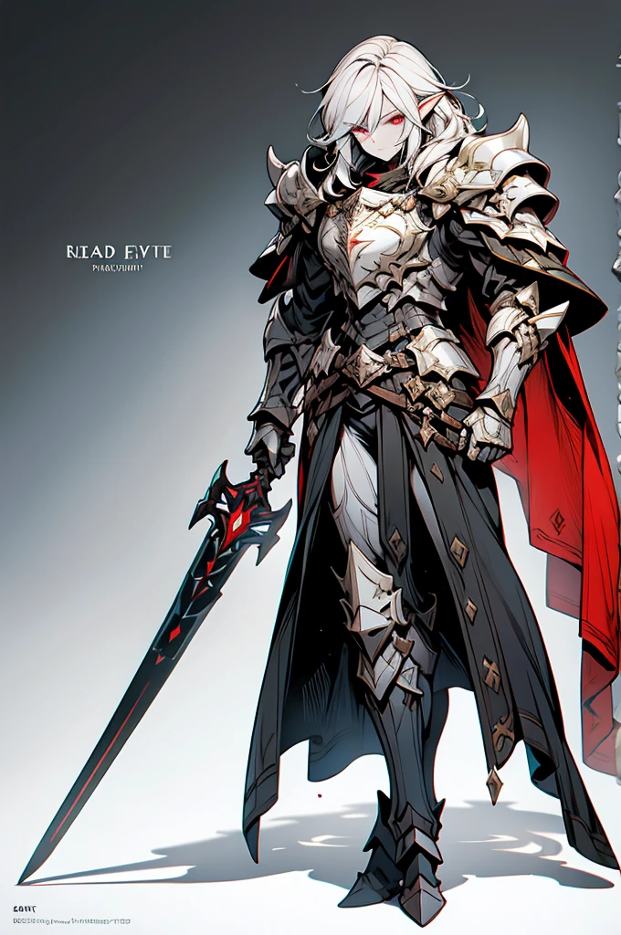 male half elf knight, full body art, silver hair, white skin, Red iris eye, knight full plate adorned dark armor, blacked cape, perfectly detailed.
