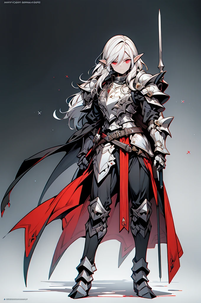 male half elf knight, full body art, silver hair, white skin, Red iris eye, knight full plate adorned dark armor, blacked cape, perfectly detailed.