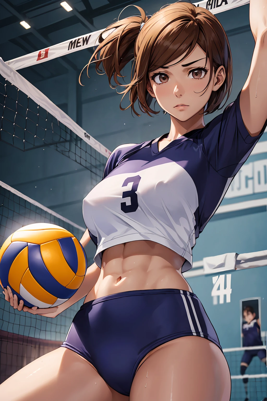 (Highest quality:1.5, High resolution, uhd, 4K, Detailed lighting, Shaders), ((Kugisaki Nobara)) ,solo short hair　Brown Hair　Brown eyes　Cool face　　((Volleyball Uniforms))++　Realistic gym　 Sweat　Super oily skin　Beautiful Abs　Preparing for exercise　No ball　No sleeve　Cowboy Shot