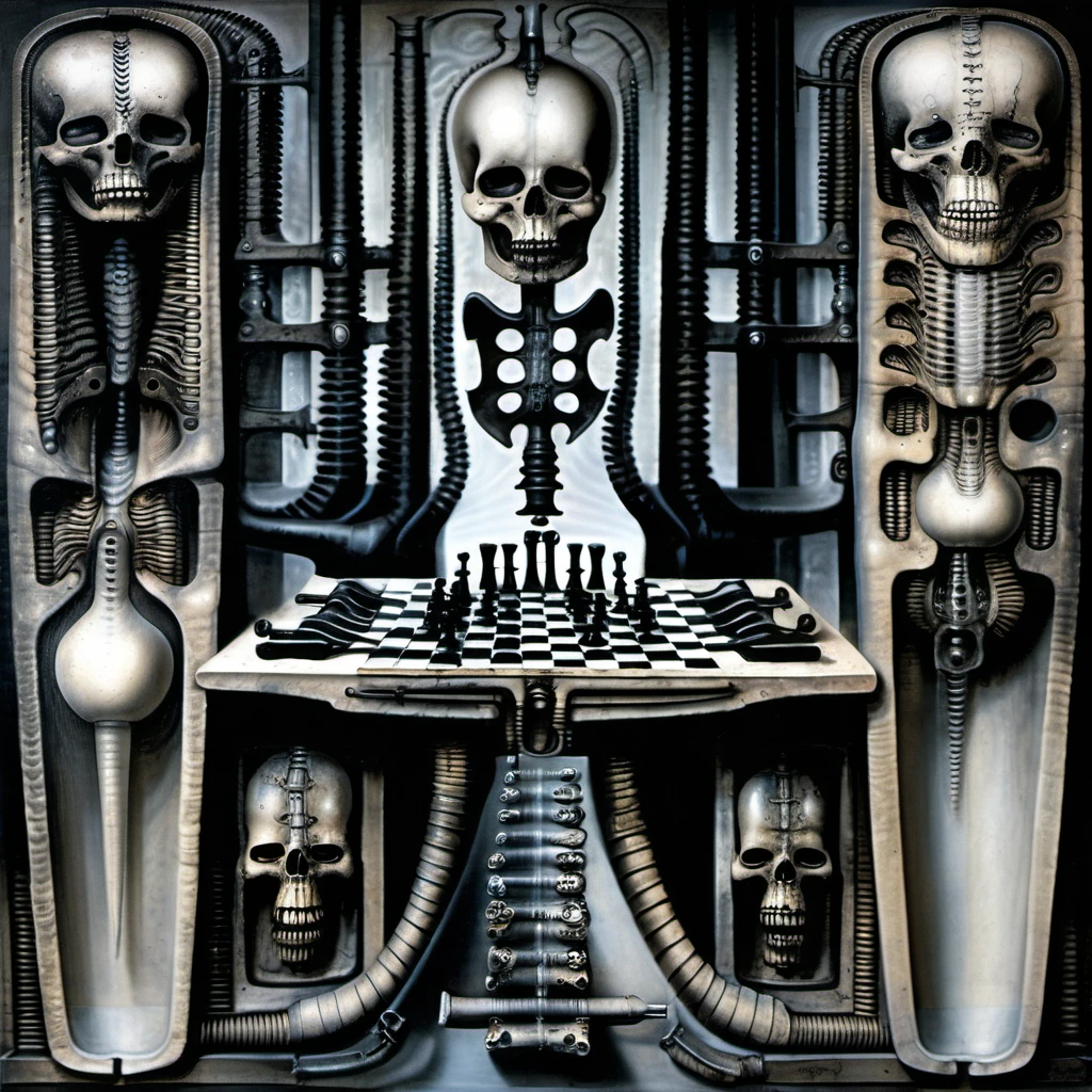 g1g3r,
Create biomechanical tableau in h r giger's style. It is called “Schachmatt” (Checkmate) by H. R. Giger and was created in 1979.
The painting is a nightmarish biomechanical scene. In the center of the composition is a chessboard with several chess pieces scattered around it. The background is filled with industrial pipes and tubes. The overall feel is one of decay and desolation.
Giger’s signature artistic style, biomechanical surrealism, is on full display in this piece. Biomechanical surrealism combines human anatomy with machines. The skeletal figures in the painting are fused with mechanical parts, creating a disturbing and unsettling effect.
Here’s a more detailed description of the composition:
In the center foreground is a metallic chessboard with several metallic chess pieces scattered around it.
To the right of the chessboard is a skeletal figure hunched over tribune. The figure’s rib cage is open, revealing a machinary inner workings.
Behind the chessboard are two more skeletal figures locked in a struggle. Their bodies are intertwined with tubes and cables.
The background of the painting is filled with industrial pipes and tubes. These elements create a sense of claustrophobia and confinement.
The use of dark colors and shadow adds to the oppressive atmosphere of the painting. The only light source comes from the computer terminal in the foreground.
“Schachmatt” is a powerful example of Giger’s unique artistic vision. It is a disturbing and unsettling work that challenges viewers to confront their fears about death and technology.
, ooze soaked pajama top