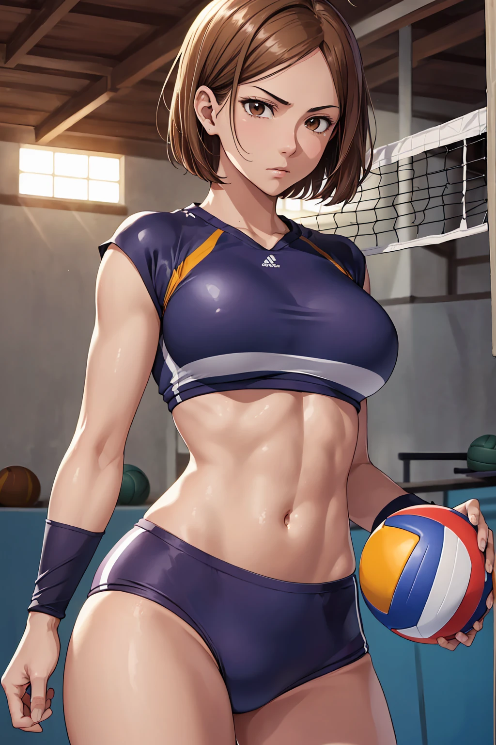 (Highest quality:1.5, High resolution, uhd, 4K, Detailed lighting, Shaders), ((Kugisaki Nobara)) ,solo short hair Brown Hair Brown eyes Cool face ((Volleyball Uniforms))++ Realistic gym Sweat Super oily skin Beautiful Abs Preparing for exercise No ball No sleeve Cowboy Shot