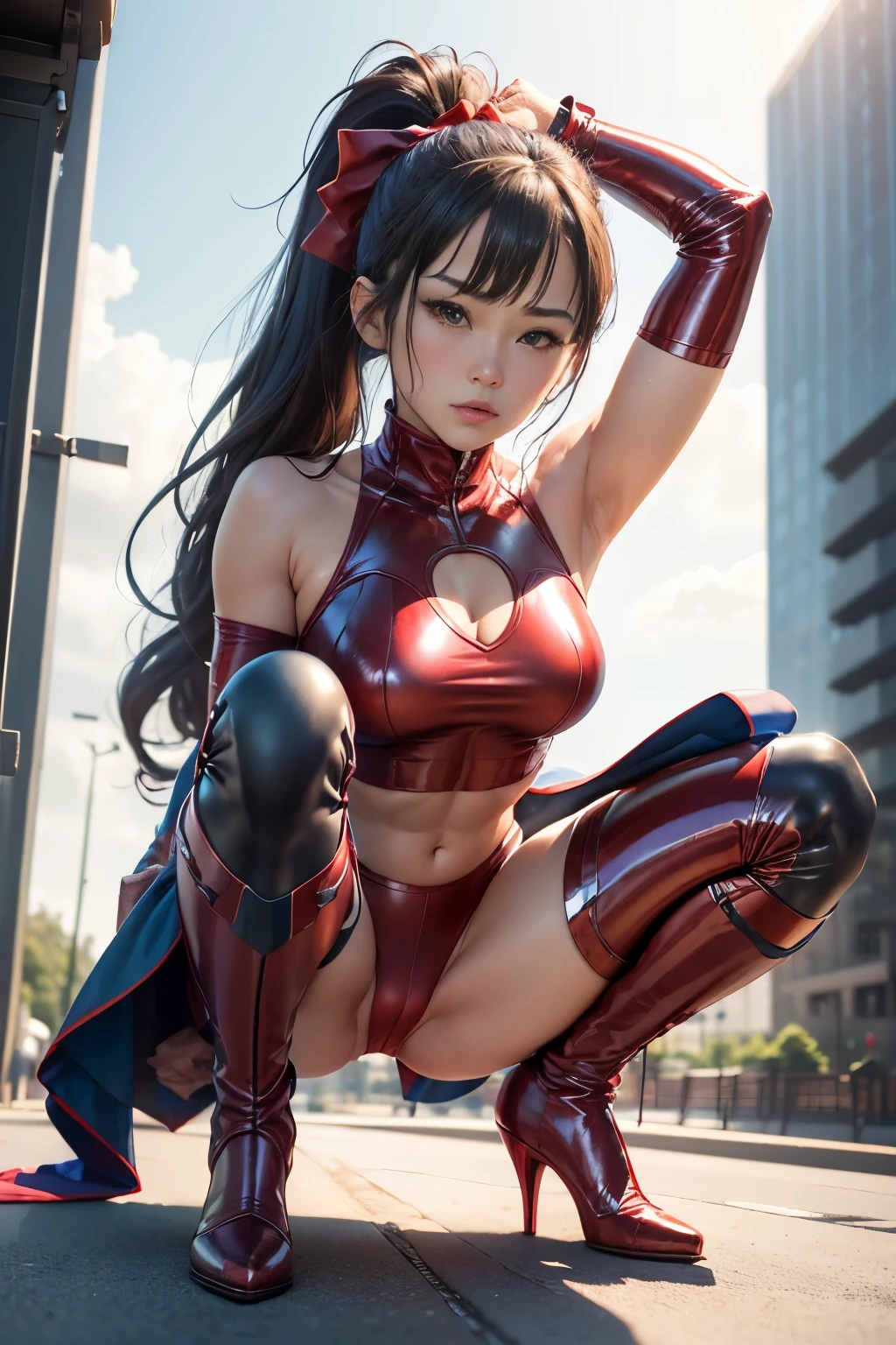 NSFW、Photo from the front of the body、top-quality、Top image quality、masterpiece、Create Japan Women, Day Park Bench, Black shiny hair, student, Ponytail hair with bangs, Blue Eyes and Igamem Realistic RAW 8K, Top of a skyscraper with blue sky, Lens Tips, Superman S, ((Uniform style separate costume for athletics))、((sleeve less))、Superman's Supergarment is Blue Metallic、abdominals、(((Small red metallic panties))), (((highleg)))、(((Cameltoe))), bulge in panties, female pervert々Lion Junior, (embarrassed from)、red blush, ((Sweat)), Superman S symbol on background、(((Squatting on the ground)))、(((Squat)))、(((Open your crotch wide from side to side))), (((Show me spread your legs)))、(((Long boots in red metallic pin heels)))、(Arms behind the head)、(Show off your armpits)、gazing at viewer、Show your crotch to viewers、Professional filming、profetional lighting、natural soft light、