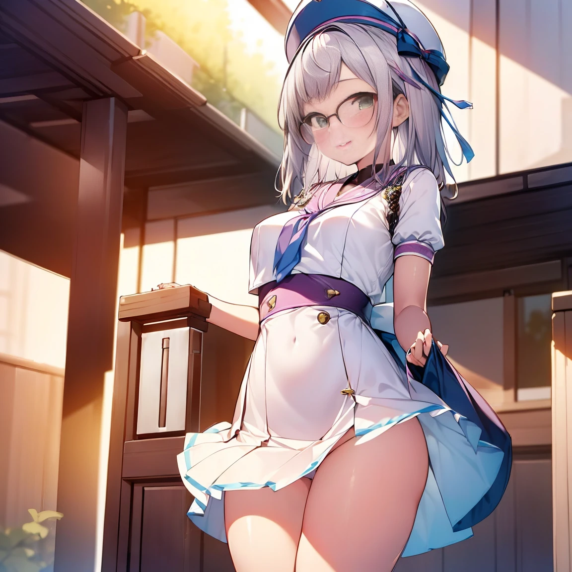 8K、masterpiece、Japanese、Woman wearing glasses、Neon(nod)、from the front、smile、Childish、Small breasts、See-through underwear、night、Bedroom、Show your underwear、mini skirt