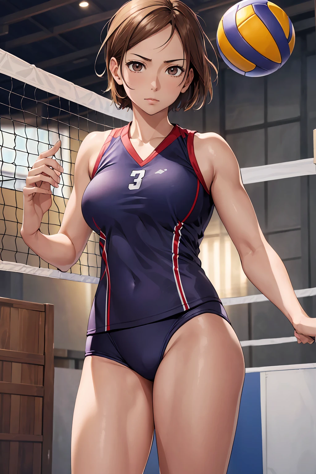 (Highest quality:1.5, High resolution, uhd, 4K, Detailed lighting, Shaders), ((Kugisaki Nobara)) ,solo short hair　Brown Hair　Brown eyes　Cool face　　((Volleyball Uniforms))++　Realistic gym　 Sweat　Super oily skin　Beautiful Abs　Preparing for exercise　No ball　No sleeve　Cowboy Shot