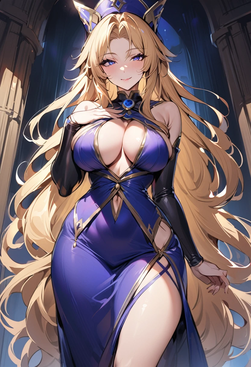 mastepiece, best quality, solo, belldandy, (adult woman), beautiful face, large breasts, blonde long hair, seductive smile, priestess, round-shaped cap, standing, hand on chest, cowboy shot