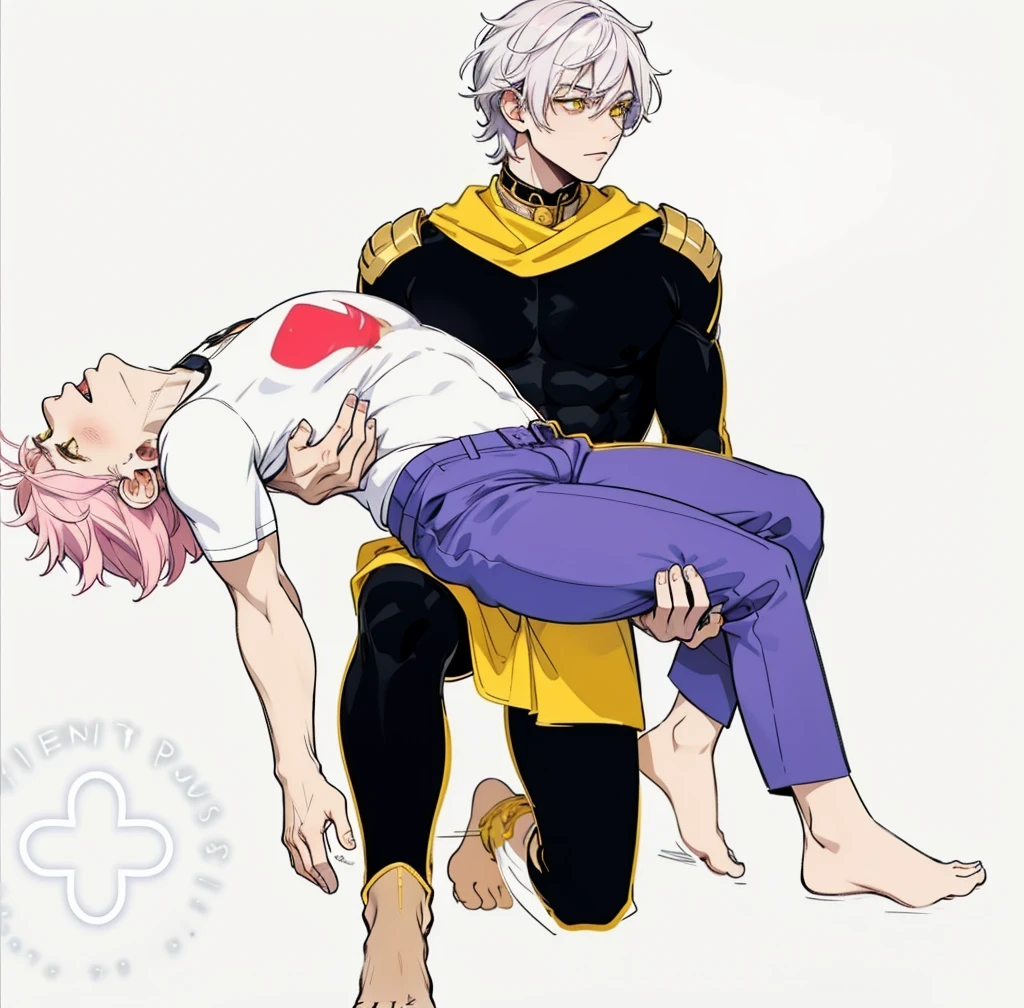 He is lifting a shitty boy in his arms., pink hair the other has white hair yellow eyes he is barefoot black suit with yellow and gold metals