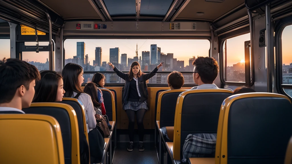 A realistic, high-quality, detailed image of a school bus filled with students. The bus is driving through a cityscape during the early morning. The scene captures the students inside the bus, some chatting, some looking out the window at the passing buildings and streets. The atmosphere is lively and filled with anticipation for the day ahead.