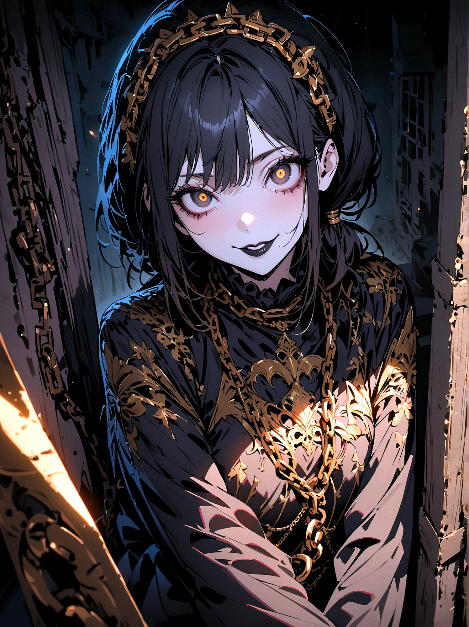 anime, goth style woman, chain accesories, dark clothes with a shade of gold, gold marks on clothes, ((black eyes)), very dark eyes, upper view, both arms on her back, she is hiding her arms on her back, Japanese-style hair tied and a little messy, dark gothic makeup, black lips, dark circles, smile, abandoned doll factory setting, horror, highres, ultra-detailed, (best quality,4k,highres,masterpiece),subdued colors, vivid colors, professional lighting, dark shadows, golden lightining, detailed lips, detailed eyes