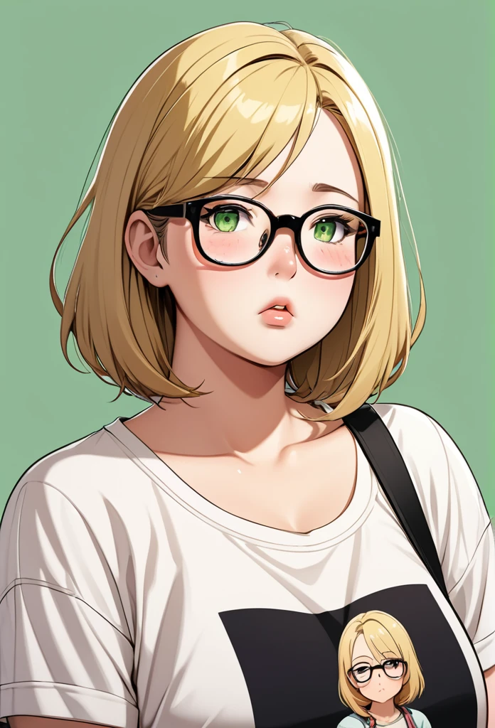 chubby girl, adult girl, blonde, medium length hair, open forehead, no bangs, green eyes, black square-rimmed glasses, tears, casual clothes