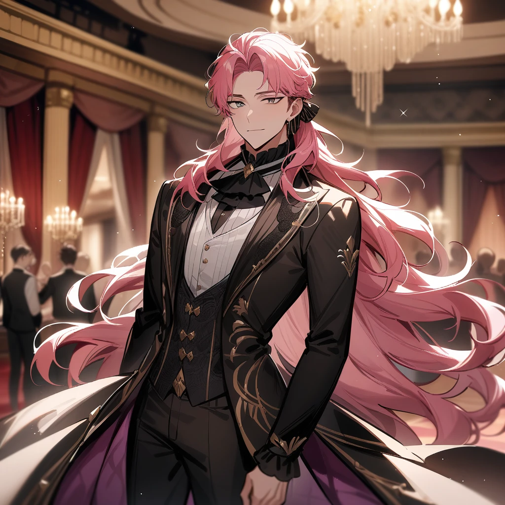 Long hair, 1boy, male focus, masterpiece, best quality, very aesthetic, absurdres, long pink hair, bridgerton inspired, decadent, ballroom background