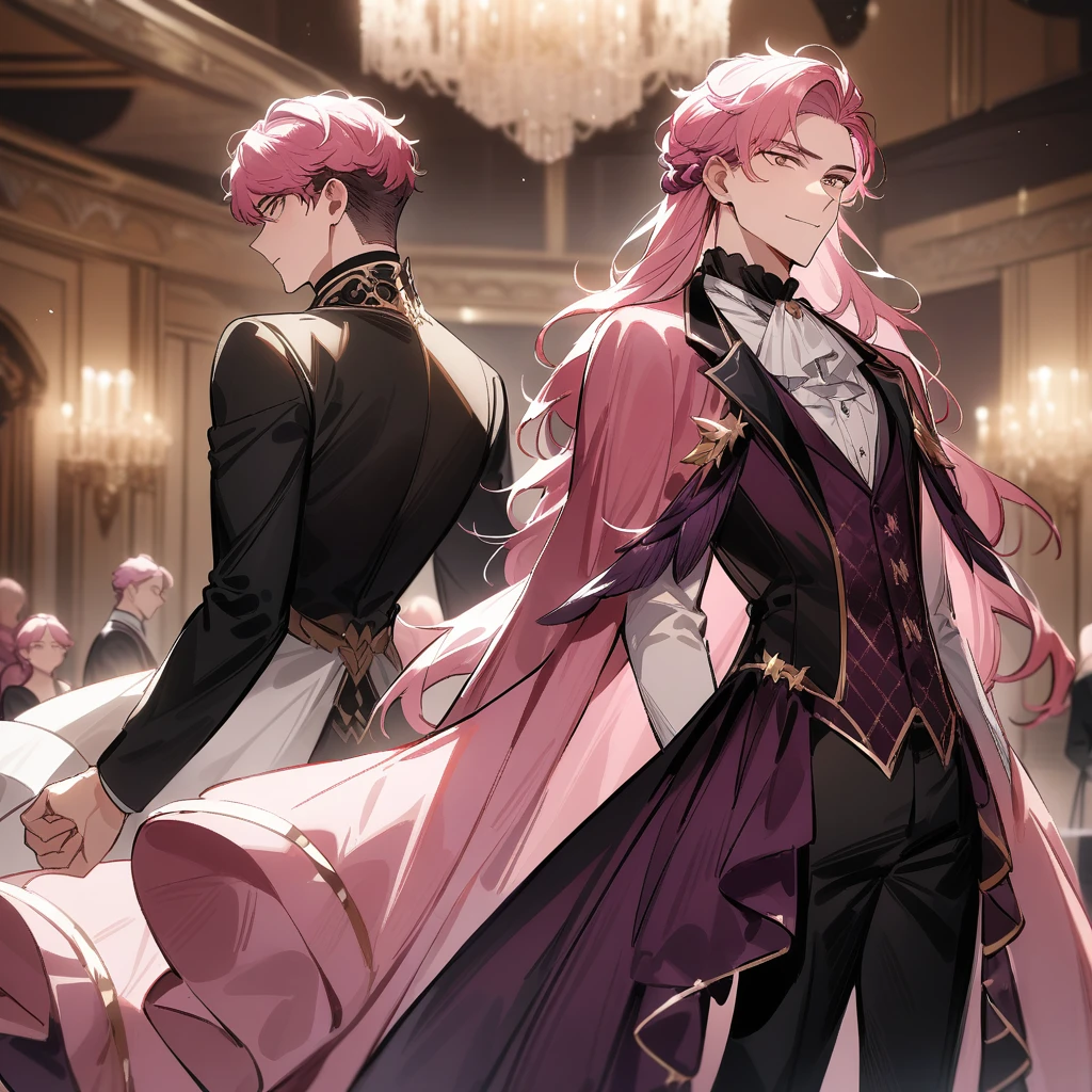 Long hair, 1boy, male focus, masterpiece, best quality, very aesthetic, absurdres, long pink hair, bridgerton inspired, decadent, ballroom background
