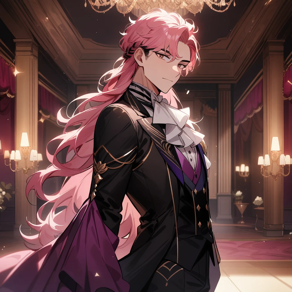 Long hair, 1boy, male focus, masterpiece, best quality, very aesthetic, absurdres, long pink hair, bridgerton inspired, decadent, ballroom background