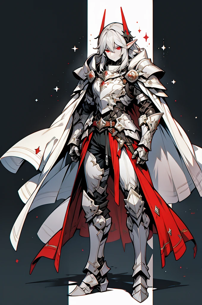 male half elf knight, full body art, silver hair, white skin, Red eyes, knight full plate adorned dark armor, blacked cape, perfectly detailed.