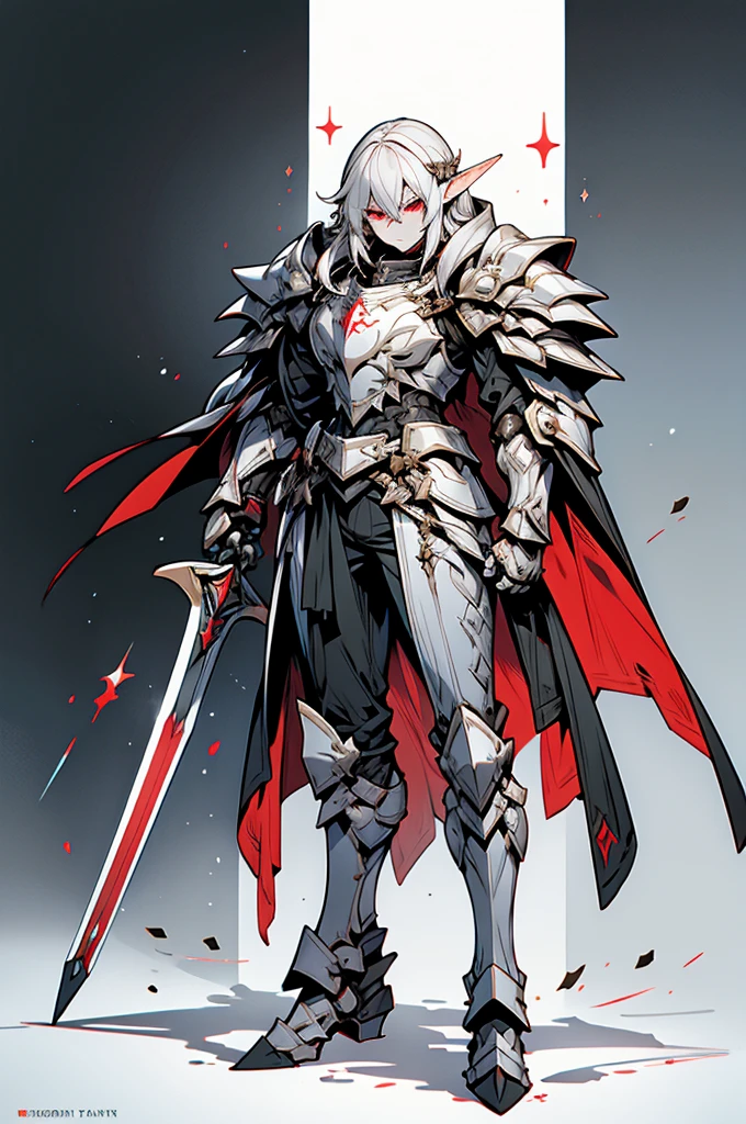 male half elf knight, full body art, silver hair, white skin, Red eyes, knight full plate adorned dark armor, blacked cape, perfectly detailed.