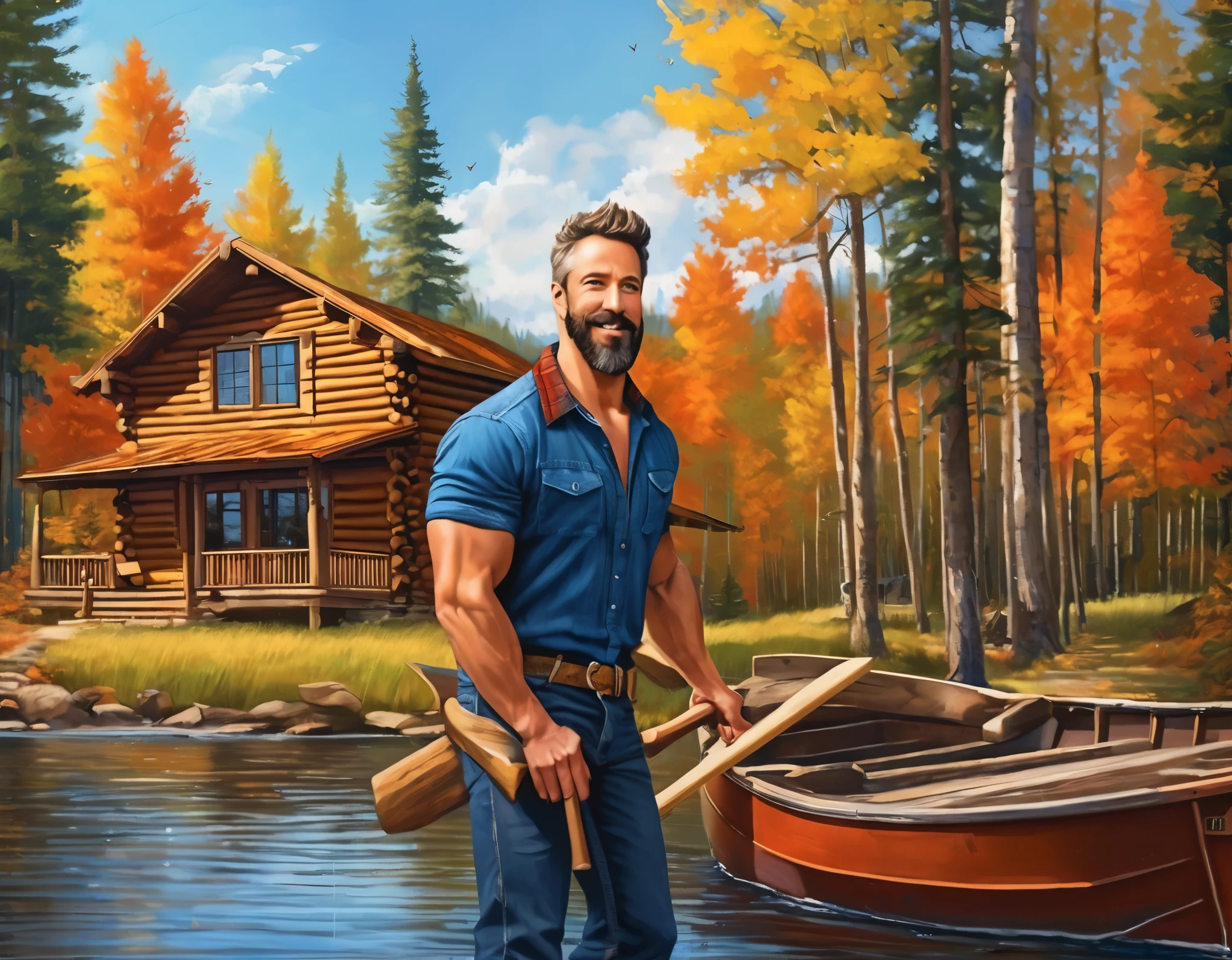 A handsome rugged man with big muscles, short random colored hair, well-manicured beard and mustache and big blue eyes. Wearing blue jeans and a flannel shirt. Chopping wood in front of a luxury log cabin next to a magnificent lake with a boat dock. It is Autumn and the trees are turning bright red, orange and yellow. Style of (Muscle Core:1.6). (Distant full body view:1.5). Hyper realistic photo, vibrant colors, 16k