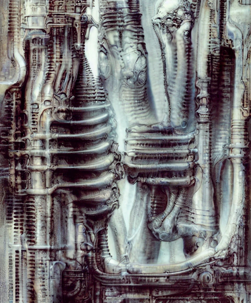 Giger_style, The image is a detailed view of H.R. Giger's \" NYC \" plate, featuring a complex network of bones and organs in a purple-brown hue ,swirling gray and brown colors. The artwork is silver and purplish brown, with an ivory bones prominently displayed. The image is highly detailed and intricate, almost like a 3d version of a medical sketch.
The piece is a tableau, most likely created with a India ink pen or pencil on paper, determined by the thin lines, shading techniques, and the texture of the paper, which is visible around the edges. Used is pen, given the shading and variations in line weight visible in the image. One have used a variety of pencils with different degrees of hardness to achieve the shading effects.
The style is clearly biomechanical. Features combination of organic and mechanical forms. Mechanical elements dominate the composition, there are subtle organic hints. The use of undersaturated purple-grays dark contrasts creates a stark and graphic look. Is used a variety of linework techniques to create different textures. Fine, parallel lines create a smooth, metallic texture,while thicker, more cursive lines suggest cables or wires. Machines fills most, with its central cylindric structure acting as the focal point. Parallel lines emanating from this central structure used to create a sense of depth and movement. Being overwhelmingly mechanical, there are subtle suggestions of organic forms.
The art performance showcases the artist’s skills in observation and rendering. The level of detail in the piece suggests a close study of real bone specimens and anatomy. The artist has skillfully used shading techniques to create a convincing illusion of three-dimensionality on a flat surface.The wrinkles and cracks in the surface, and the cast shadows with accuracy, used shading techniques to create a realistic depiction of light and shadow on the objects. This creates a sense of depth and dimension in the image