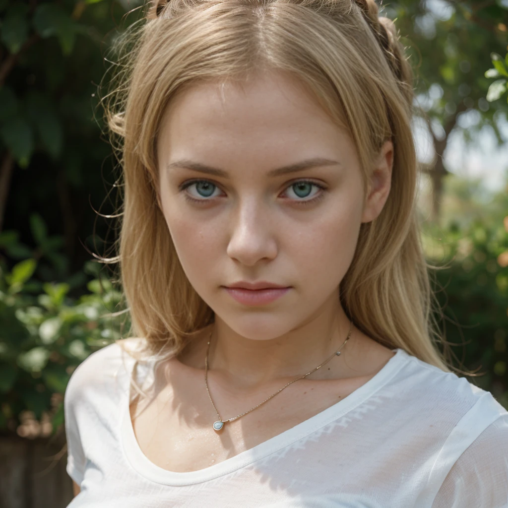 A photorealistic portrait of woman, russian origins, having green eyes, blond staight hair, wearing a white t-shirt and denim shorts ::Shot on a Canon EOS 5D Mark IV with a 200mm f/1.4L IS USM lens, capturing rich tonality, exceptional sharpness, and a smooth bokeh background ::1 High-resolution ::Shot from above, looking up, emphasizing her raw emotion and vulnerability ::Wallpaper ratio, high-resolution, and dramatic contrast, worthy of a collector's edition prints :: --ar 16:9 --q 5 --v 5 --s 750