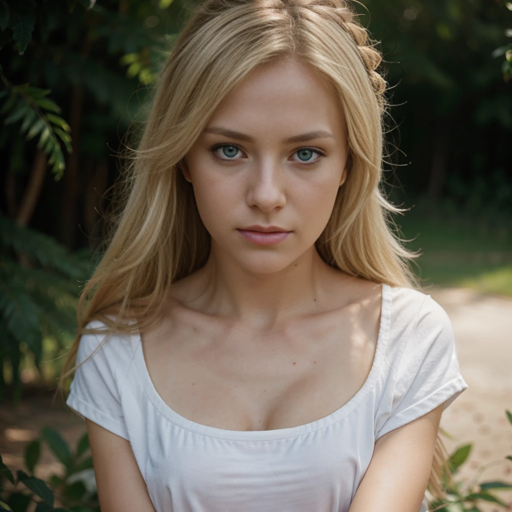 A photorealistic portrait of woman, russian origins, having green eyes, blond staight hair, wearing a white t-shirt and denim shorts ::Shot on a Canon EOS 5D Mark IV with a 200mm f/1.4L IS USM lens, capturing rich tonality, exceptional sharpness, and a smooth bokeh background ::1 High-resolution ::Shot from above, looking up, emphasizing her raw emotion and vulnerability ::Wallpaper ratio, high-resolution, and dramatic contrast, worthy of a collector's edition prints :: --ar 16:9 --q 5 --v 5 --s 750