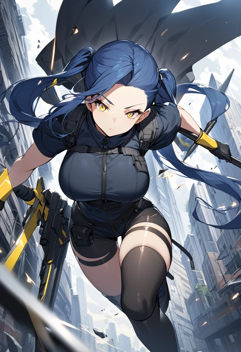 (One very tall woman,Navy Blue Hair,Her hairstyle is twin tails that expose her forehead.,Large Breasts,yellow eyes,Dynamic Angle)Woman wielding a spear,Techwear