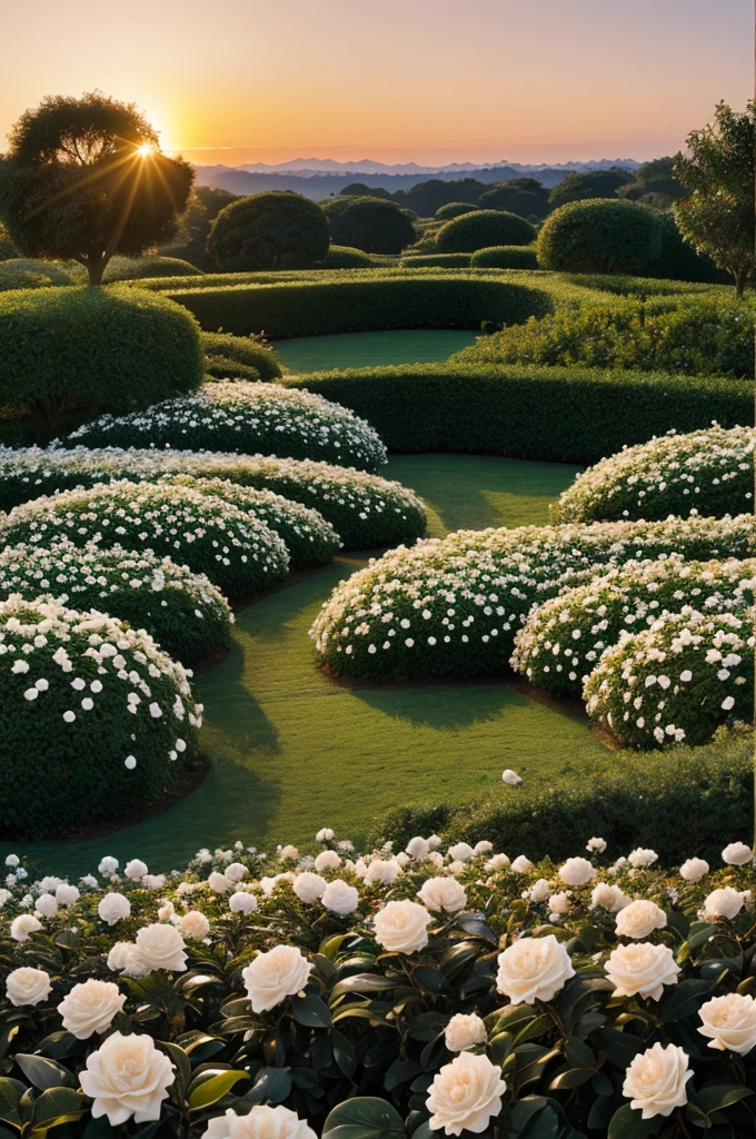 Maze of white camellias in a sunset