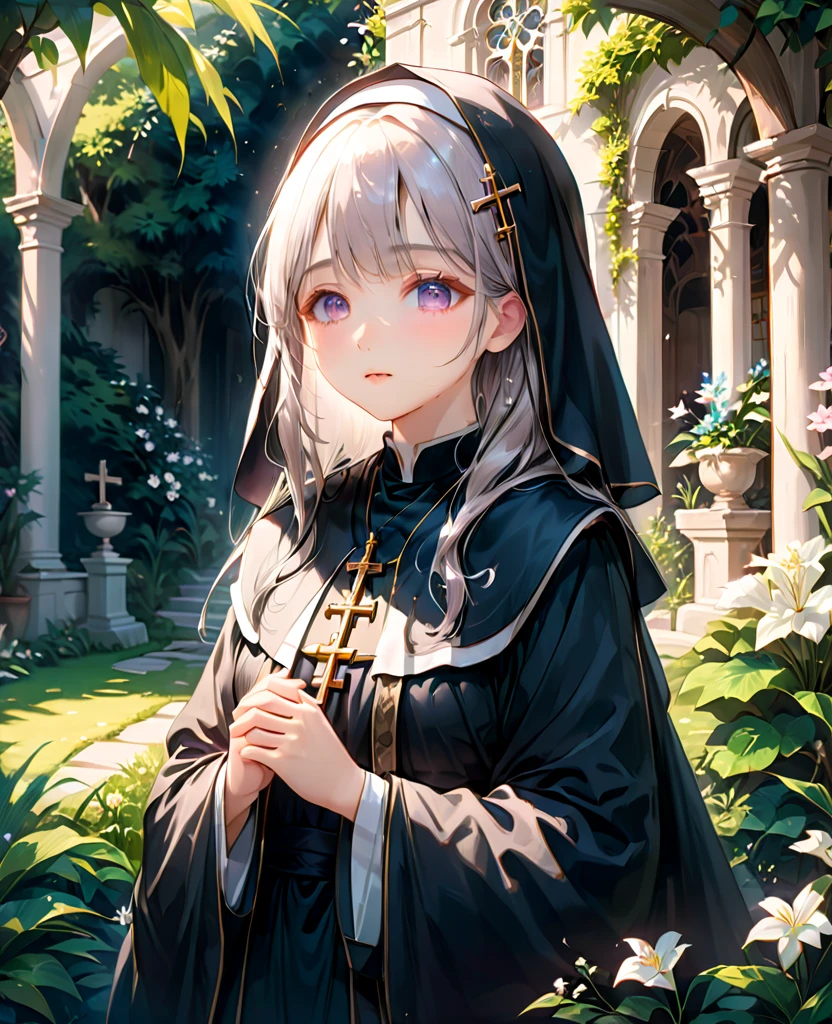 One girl, Nuns, Black Robe, Holy Cross, Calm expression, Tranquil garden, Soft sunlight, Quiet atmosphere, Sacred environment, (Highest quality, 4K, 8K, High resolution, masterpiece:1.2), Super detailed, Painting-like, Soft pastel colors, Gentle lighting, beautiful