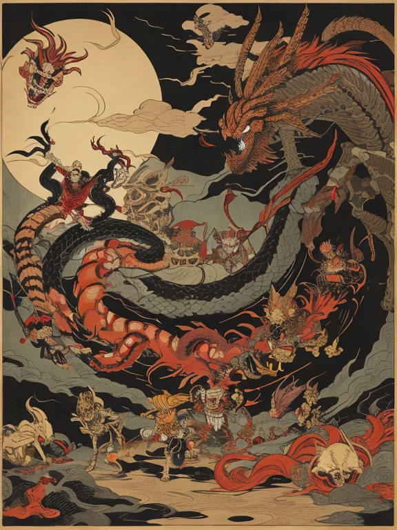 pandemonium, group of yokai, group of oni, giant snake, (fox), centipede, (giant skeleton), spider, demon, oni, tengu, The picture is painted in the style of a Japanese ink painting, (Side angle)