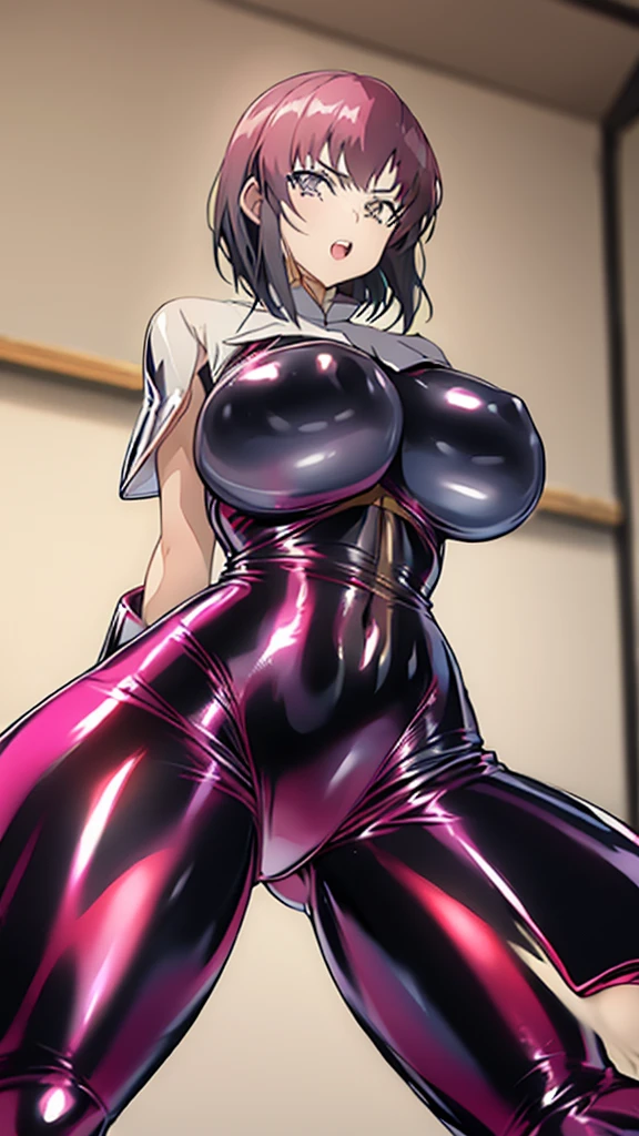 Optimal,masterpiece,High resolution,Highest quality,Hyper HD,Very detailed,Award-winning,16K,alone,(Cowboy Shot)、Cute face,,Black Hair、Bobcut、 Hairline,((Scarlet Eyes)),Long eyelashes,Drooping eye corners,Are standing、Spread your legs、Thin legs、White skin,((Shooting from below)), ((Wearing a tight latex suit:1.5)), ((Transparent nipples))、rocket , ((Big Breasts:1.2)),