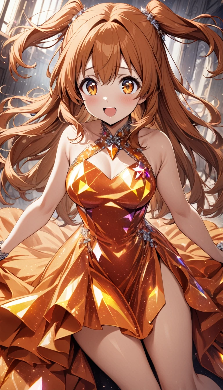 1girl,two side up,orange brown long hair,orange color eyes,tareme,medium breasts,star crystalline dress