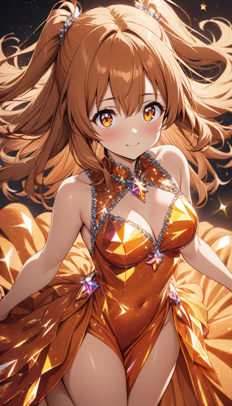 1girl,two side up,orange brown long hair,orange color eyes,tareme,medium breasts,star crystalline dress